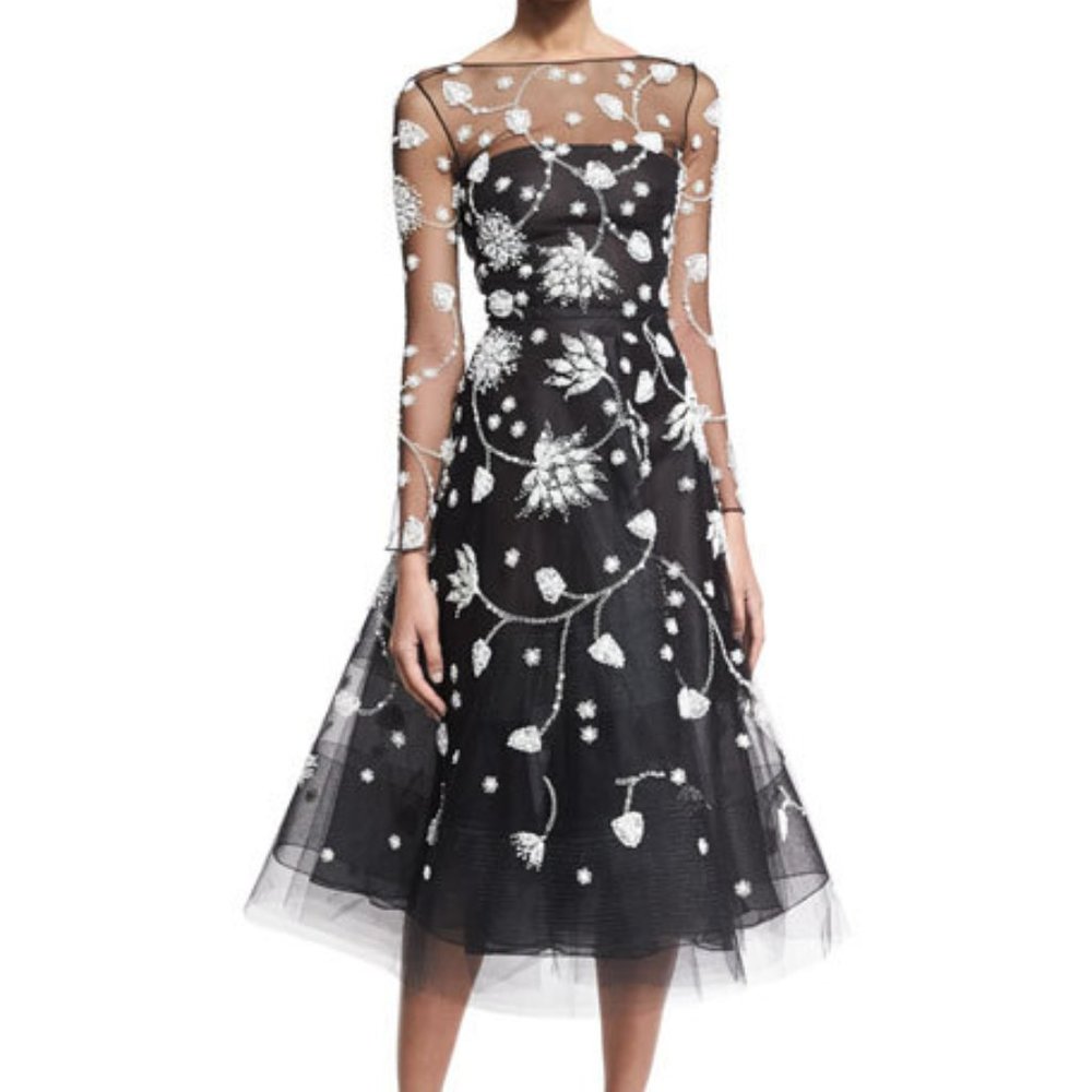 $7,900 OSCAR DE LA RENTA EXCL FLORAL EMBROID BLACK TULLE SILK MIDI DRESS 6 M - Picture 4 of 16